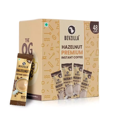 Bevzilla Strong Instant Coffee Powder Box - 48 Sachet (Hazelnut Flavoured), Pure Arabica, (48 x 2 g)