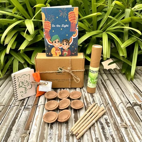 Sow and Grow Diwali Brown Box Hamper: Plantable Diary + Organic Cow Dung Diya+ Seed Ball + Plantable Pens