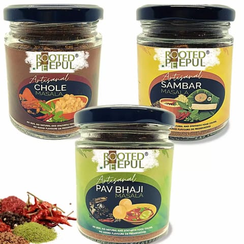 Rooted Peepul Artisanal Sambar Masala, Pav Bhaji Masala,Chole Masala (More Spice Less Chilli 75g X3)