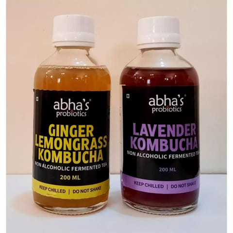 Abha's Probiotics Ginger Lemongrass Kombucha and Lavender Kombucha - Pack of Two - 200ml each