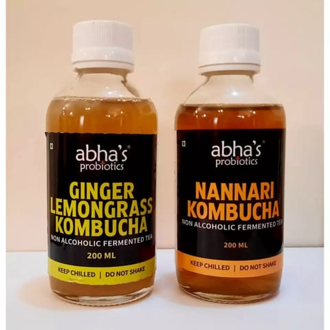 Abha's Probiotics Ginger Lemongrass Kombucha and Nannari Kombucha - Pack of Two - 200ml each