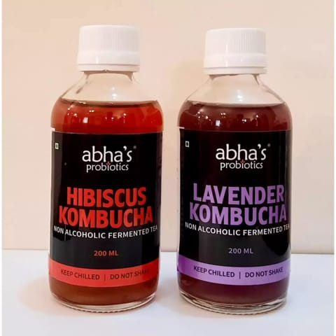 Abha's Probiotics Hibiscus Kombucha and Lavender Kombucha - Pack of Two - 200ml each