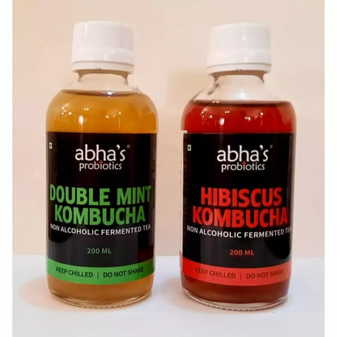 Abha's Probiotics Double Mint Kombucha and Hibiscus Kombucha - Pack of Two - 200ml each