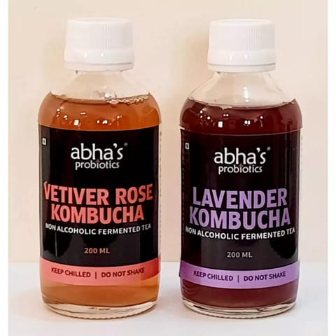 Abha's Probiotics Vetiver Rose Kombucha and Lavender Kombucha - Pack of Two - 200ml each