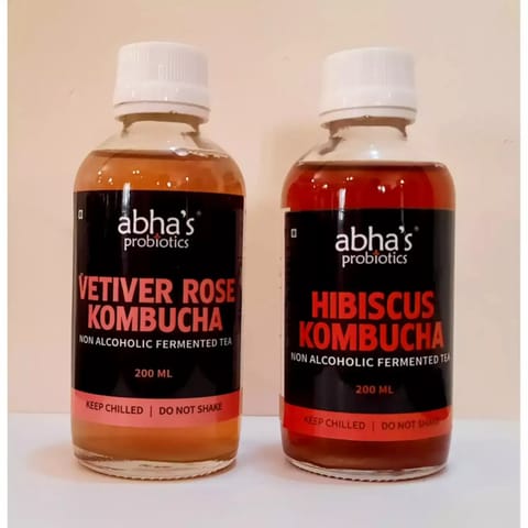 Abha's Probiotics Vetiver Rose Kombucha and Hibiscus Kombucha - Pack of Two - 200ml each