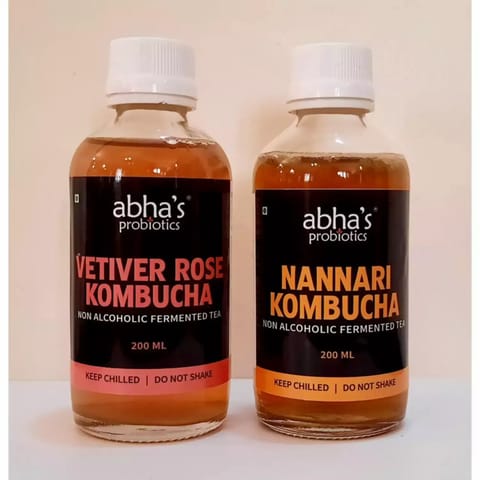 Abha's Probiotics Vetiver Rose Kombucha and Nannari Kombucha - Pack of Two - 200ml each