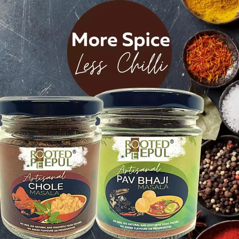 Rooted Peepul Artisanal Chole Masala, Pav Bhaji Masala (Less Chilli More Spice 75g X 2)