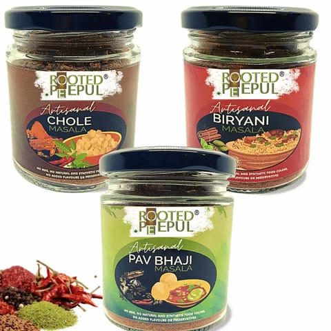 Rooted Peepul Artisanal Biryani Masala,Sambar Masala,Pav Bhaji Masala (Less Chilli More Spice 75g x3
