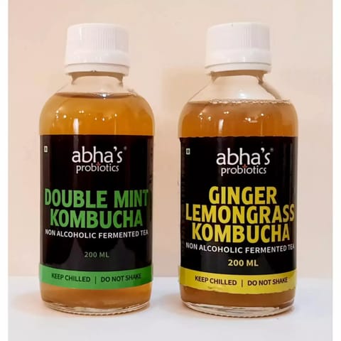 Abha's Probiotics Double Mint Kombucha and Ginger Lemongrass Kombucha - Pack of Two - 200ml each