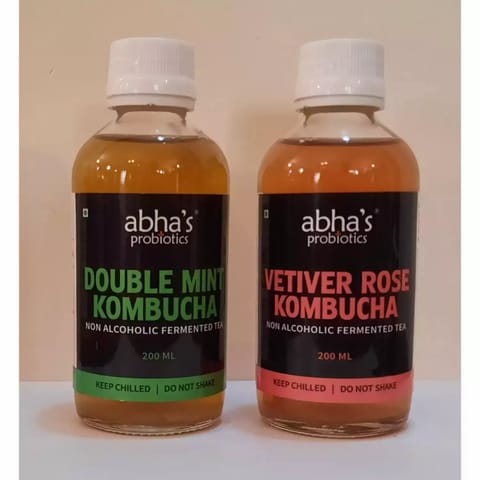 Abha's Probiotics Double Mint Kombucha and Vetiver Rose Kombucha - Pack of Two - 200ml each