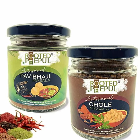 Rooted Peepul Artisanal Chole Masala, Pav Bhaji Masala (Less Chilli More Spice 75g X 2)