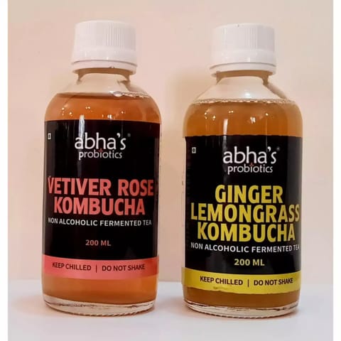 Abha's Probiotics Vetiver Rose Kombucha and Ginger Lemongrass Kombucha - Pack of Two - 200ml each