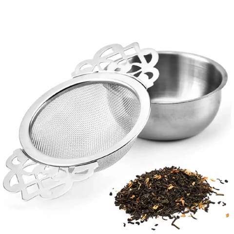 Radhikas Fine Teas and Whatnots Stainless Steel Tea Strainer with Holder - Traditional and Practical