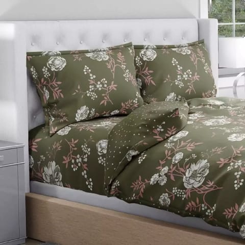 Swaas Antimicrobial 100% Cotton Green Dusty Floral  Extra Double Bedsheet Set