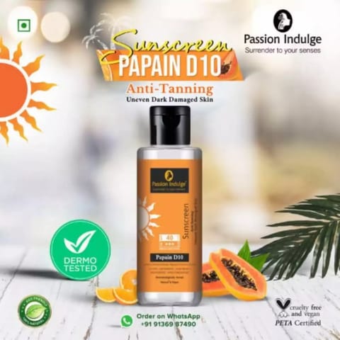Passion Indulge Papain D10 Natural Sunscreen | Anti-Tanning | Uneven Dark Damaged skin -100gm
