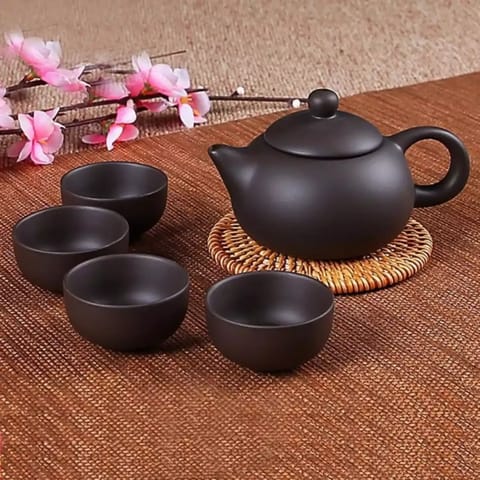 Radhikas Fine Teas and Whatnots Yixing Kettle Set with 4 Cups Style Dark Brown