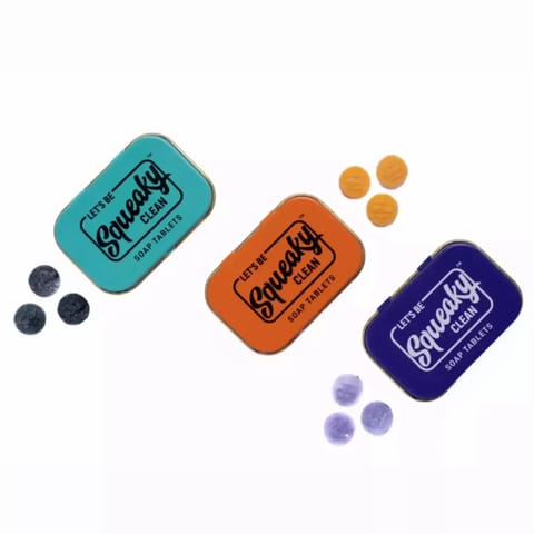 Squeaky Clean Tablets Soap Set of 3 assorted Tins of Vanilla coconut, Spicy Orange and Sweet Lavend