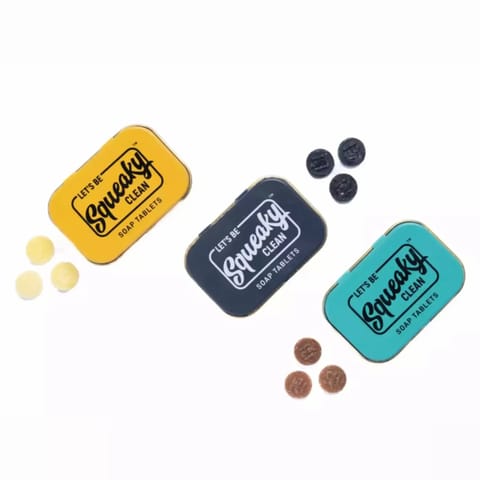 Squeaky Clean Tablets Soap Set of 3 assorted Tins of Vanilla Coconut, Activated Charcoal and Lemon