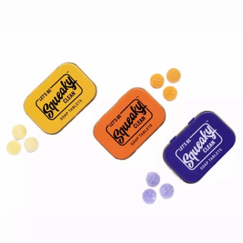 Squeaky Clean Tablets Soap Set of 3 assorted Tins of Lemon Chamomile, Sweet Lavender and Spicy Oran