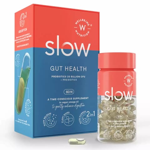 Wellbeing Nutrition Slow- Gut Health with 20 Billion CFU Probiotic & Prebiotic in Vegan Omega 3 Oil