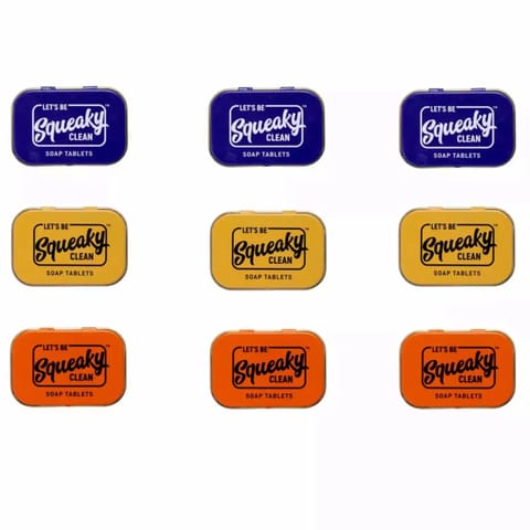 Squeaky Clean Tablets Soap Set of 9 assorted Tins of Lemon Chamomile, Sweet Lavender and Spicy Oran