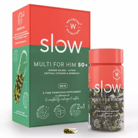 Wellbeing Nutrition Slow Multivitamin for Men 50+ | 100% RDA of 16 Critical Vitamins & Minerals | Ginkgo Biloba & Lutein in Safflower Oil | Heart Health, Joints, Metabolism & Vision (60 Capsules)