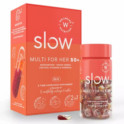 Wellbeing Nutrition Slow- Multivitamin for Her 50+ | 100% RDA of 23 Vitamins & Minerals| Astaxanthin & Vegan Omega 3 in Flaxseed Oil | Energy, Menopause, Bone, Beauty, Vision- 60 Capsules