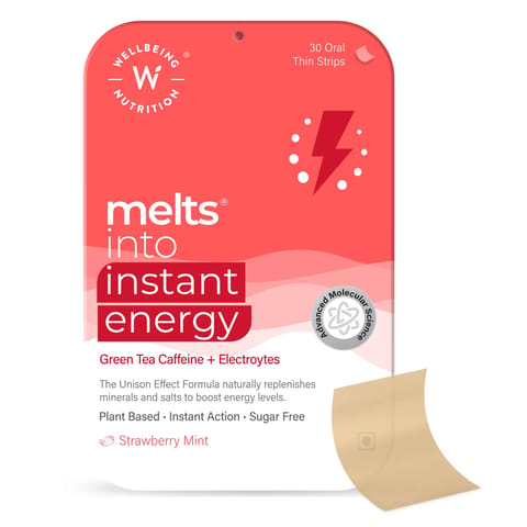 Wellbeing Nutrition Melts? Instant Energy with Green Tea Caffeine & Electrolytes for Endurance strip