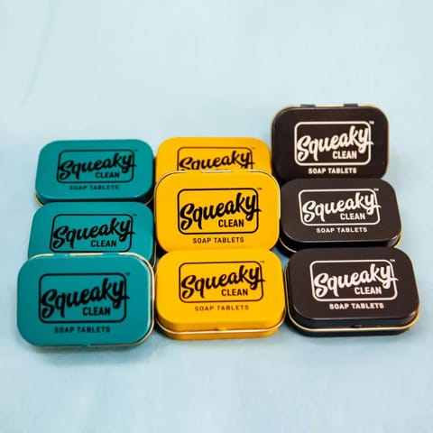 Squeaky Clean Soap Tablets Set of 9 assorted tins of Vanilla Coconut, Activated Charcoal and Lemon