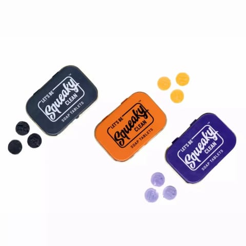 Squeaky Clean Tablets Soap Set of 3 assorted Tins of Activated Charcoal, Spicy Orange and Sweet Lav