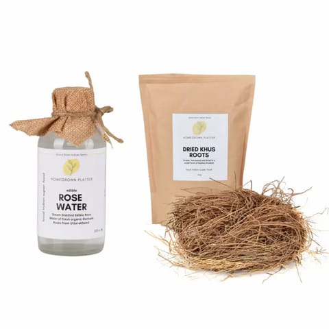 Homegrown Platter Summer Essentials Combo Edible Rose Water 200ml and Khus Roots 40g