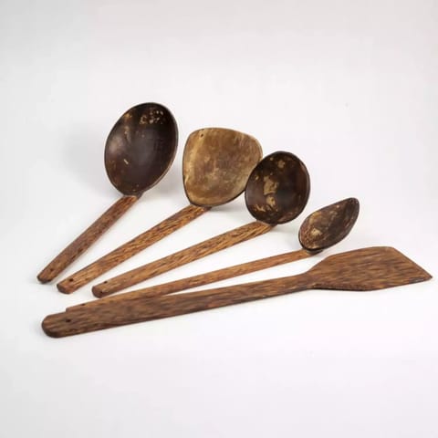 Thenga Traditional Coconut Shell n Wood Cooking Set of 5-1 Spatula 1 Large Spoon 3 Size Ladles