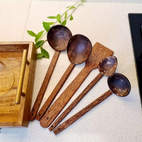 Thenga Traditional Coconut Shell n Wood Cooking Set of 5-1 Spatula 1 Large Spoon 3 Size Ladles