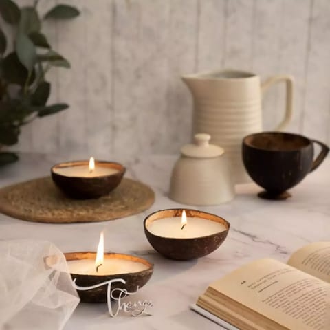 Thenga Coconut Shell Eco-Friendly Candle Diya Set of 2 Coconut Scented