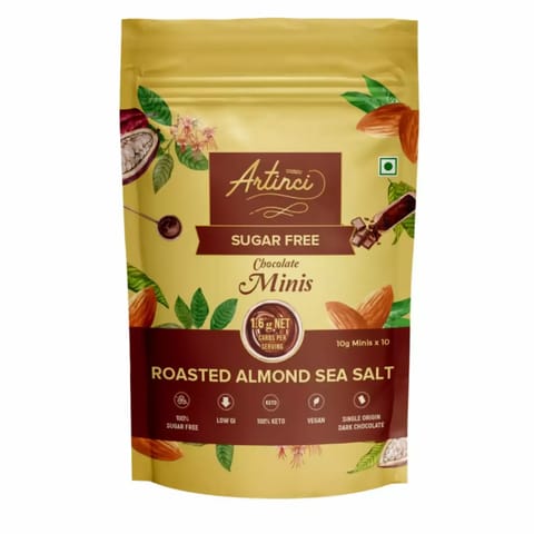Artinci Sugar free Roasted Almond Sea Salt Keto Single Orgin Chocolate Minis Vegan 100g
