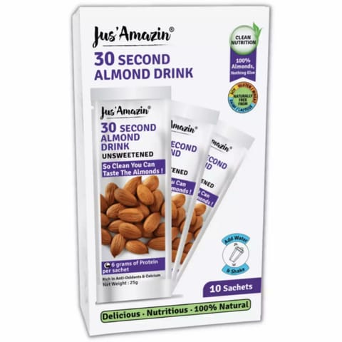 Jus Amazin 30 second Almond Milk Unsweetened 250 gms (10x25g sachets 1 sachet makes 1 glass of drink)
