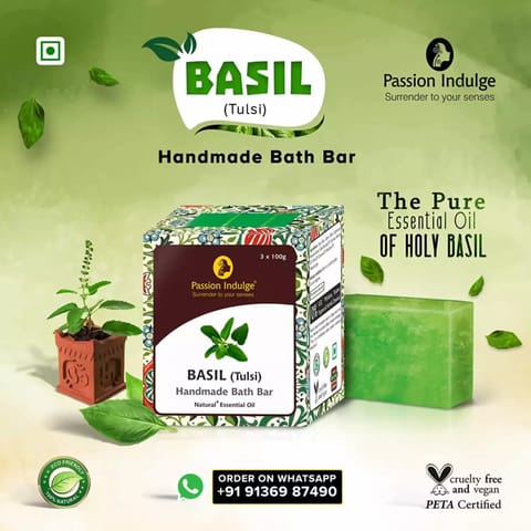 Basil Tulsi Handmade Bath Bar Soap 3 X 100 Gm (Pack of 3)