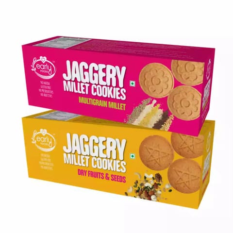 Early Foods and Assorted Pack of 2  Dry Fruit and Multigrain Millet Jaggery Cookies X 2 150g each
