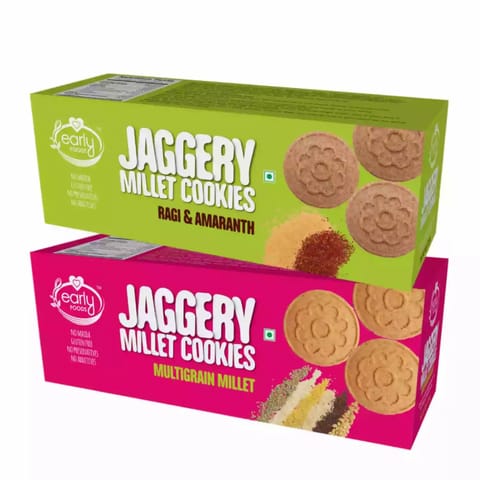 Early Foods and Assorted Pack of 2 Multigrain Millet Ragi Amaranth Jaggery Cookies X 2 150g each