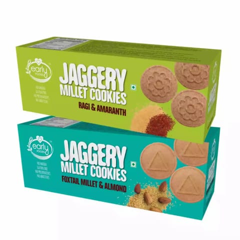 Early Foods and Assorted Pack of 2  Foxtail Almond Ragi Amaranth Jaggery Cookies X 2 150g each