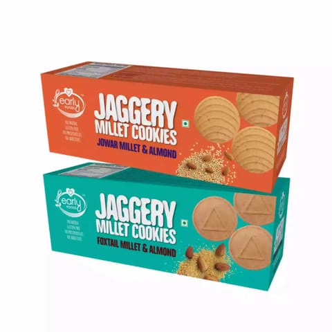 Early Foods and Assorted Pack of 2  Jowar Foxtail Almond Jaggery Cookies X 2 150g each