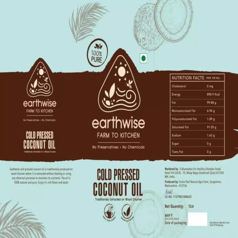 Earthwise Cold Pressed Coconut Oil 1 Ltr