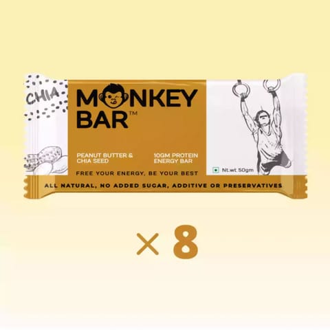 Monkey Bar Peanut Butter and Chia Seed 10 gms Protein Natural and Delicious Pack of 8