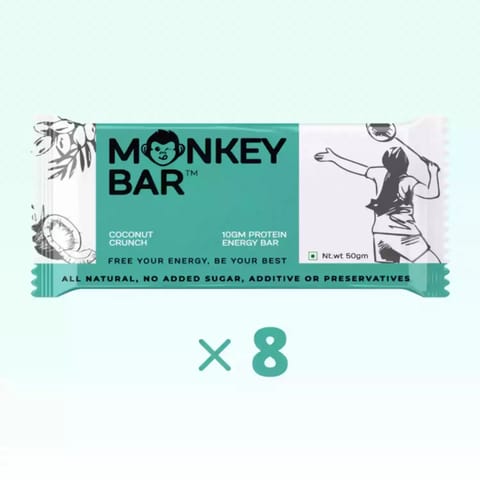 Monkey Bar - Coconut Crunch Protein Bar, 10 gms Protein, Natural and Delicious (Pack of 8 Bars , Each of 50 gms)