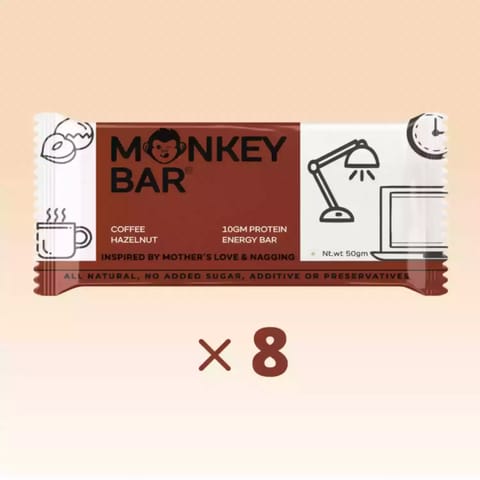 Monkey Bar Coffee Hazelnut 10 gms Protein Natural and Delicious Pack of 8