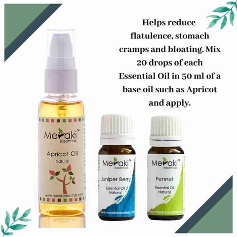 Meraki Essentials Happy Tummy Essential Combo I Fennel and Juniper Berry Oil I Apricot Oil 245 gms