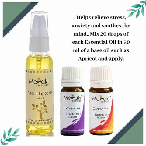 Meraki Essentials Stress Relief Combo I Grapefruit and Lavender Essential Oil I Golden Jojoba Oil