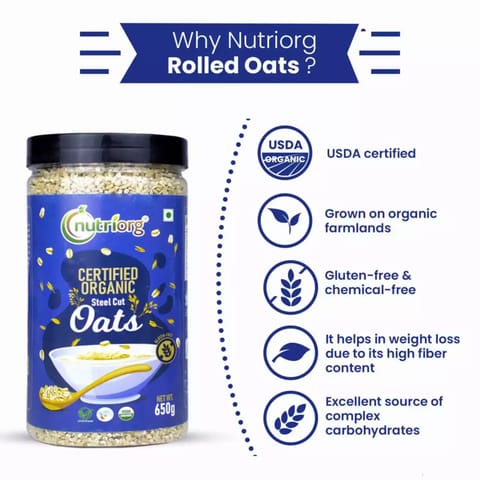 Nutriorg Certified Organic Steelcut Oats 650gm | Gluten Free, High Fiber & Protein, Breakfast Cereal