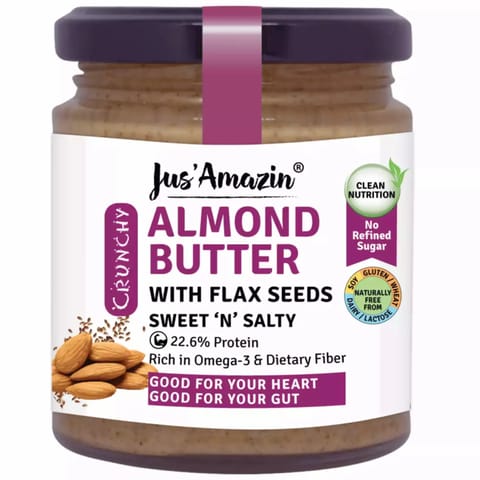 Jus Amazin Crunchy Almond Butter With Flaxseeds| Sweet N Salty|200g