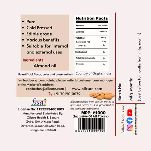 Oilcure Almond Oil Cold Pressed-100 ml